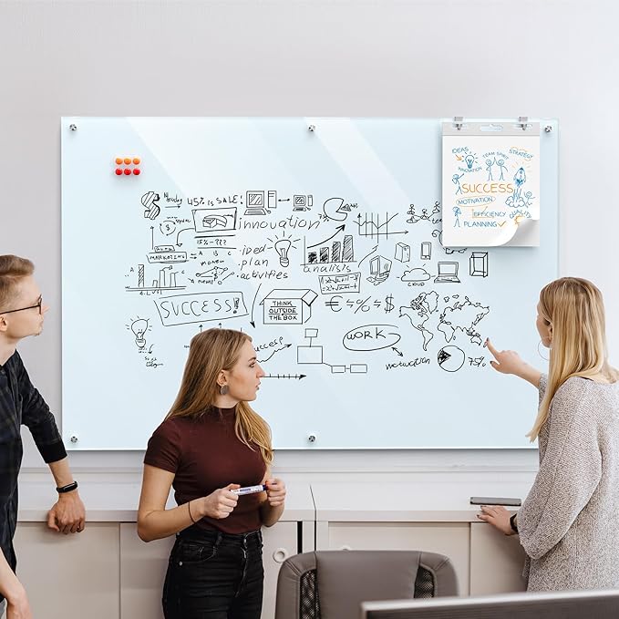 MaxGear Glass Whiteboard Wall Mounted, Frameless Magnetic Dry Erase Board, Tempered Glass, Steel-Backed, Non-Porous Smooth Surface, Floating Design, Accessories Included, for Office Home Classroom