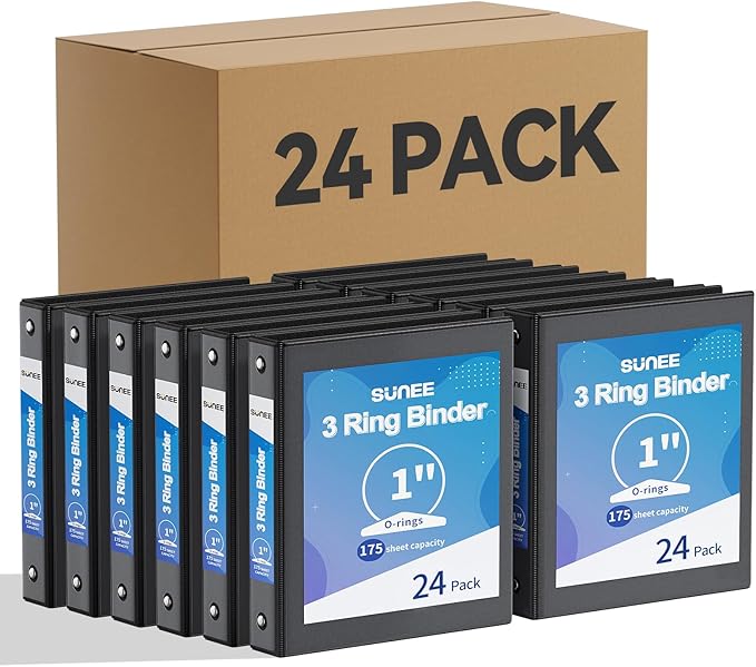 SUNEE Black Binders 1 Inch 24 Pack Bulk, Clear View 3 Ring Binders PVC-Free (Fit 8.5x11 Inches) for School or Office Supplies