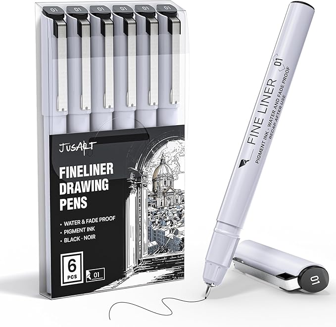 JusArt Fineliner Pens, 6 Pcs, 0.25mm Ultra Fine Point Pens 01, No Bleed, Waterproof Black Pigment Ink Pens for Artists Beginners, Illustration, Writing, Journaling, Crafters, Technical Drawing pens