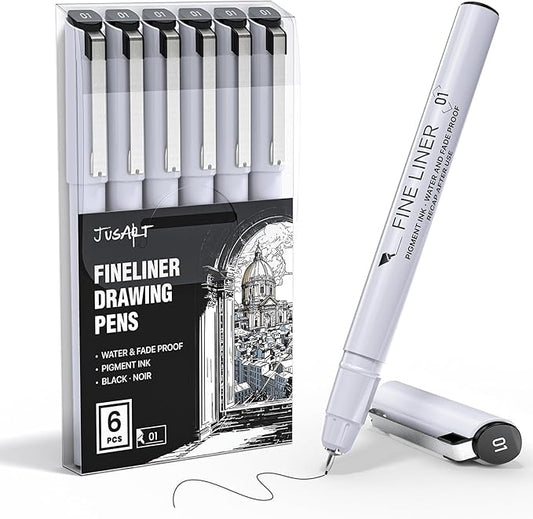 JusArt Fineliner Pens, 6 Pcs, 0.25mm Ultra Fine Point Pens 01, No Bleed, Waterproof Black Pigment Ink Pens for Artists Beginners, Illustration, Writing, Journaling, Crafters, Technical Drawing pens