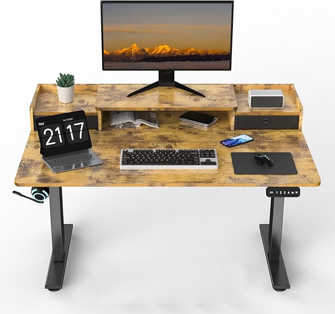 ExaDesk 48 x 30 Inch Electric Standing Desk with 2 Drawers, Adjustable Height Widened Stand Up Desk with Storage, Sit to Stand Ergonomic Workstation for Home Office, Rustic Brown