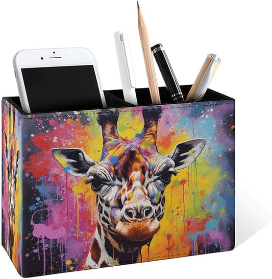 Famame Graffiti Vintage Giraffe Pencil Holder for Desk, Leather Desktop Container Pen Cup Storage Study Table Pen Organizer Makeup Brush Holder for Classroom Office Home