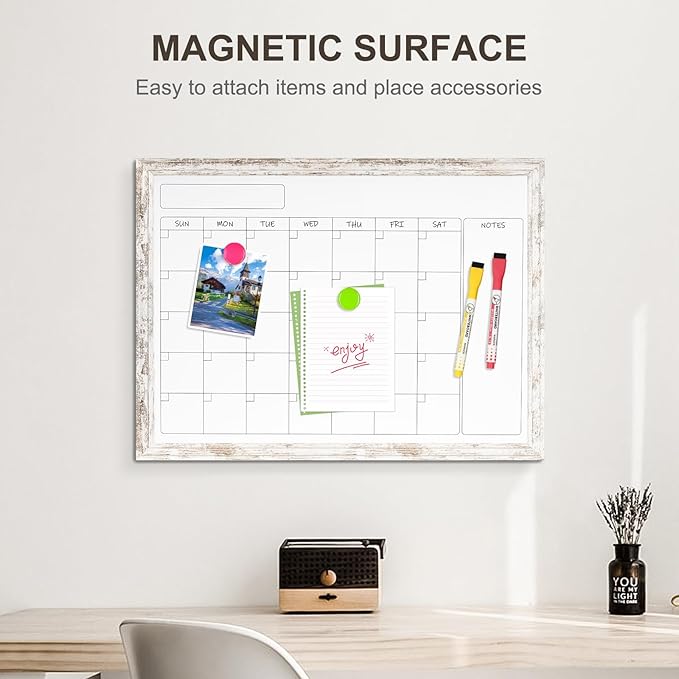 Monthly Dry Erase Calendar Whiteboard for Wall, 24" x 18" Magnetic White Board Calendar Board - Rustic Vintage Wooden Frame