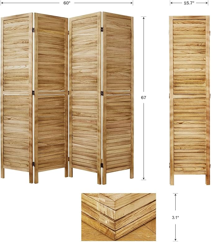 Room Dividers and Folding Privacy Screens, Wood Louvered Separators Divider Wall for Home Office Bedroom - 4 Panels, 67 * 60inch (Wood)