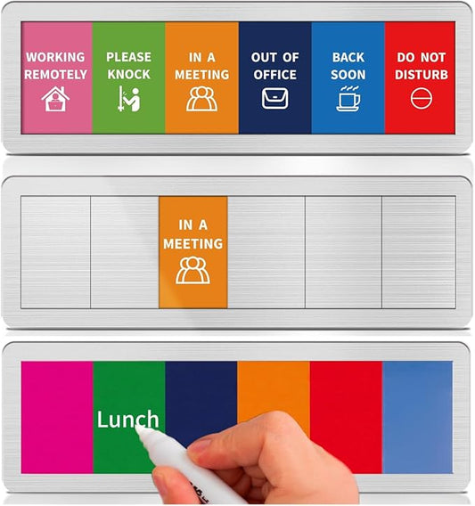 Office Door Signs with 6 Printed Status Options – Do Not Disturb, Out of Office, In a Meeting, Please Knock, Work from Home, Back Soon – Includes Custom Personalized Blank Sticker for Privacy Workspace or Studio Available and Away