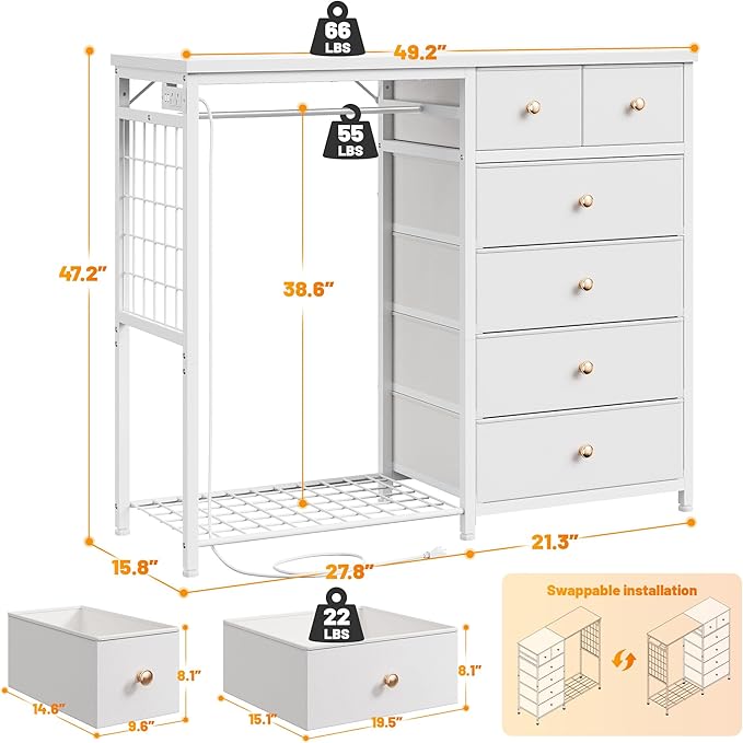 EnHomee 49.2" W White Dresser for Bedroom with Hanging Rack, 6 Drawers Dresser with LED Lights & Charging Station, Fabric Dressers & Chest of Drawers with Grid Panel & 4 Hooks, Wooden Top