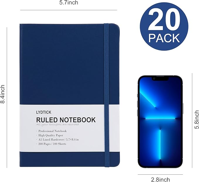 LYDTICK 20 Pack Journals for Writing College Ruled Notebooks Journal in Bulk, Hardcover Notebooks (200Pages) for Note Talking, Lined Bullet Journals for Home School Office, 5.7"x8.4", 5 Colors