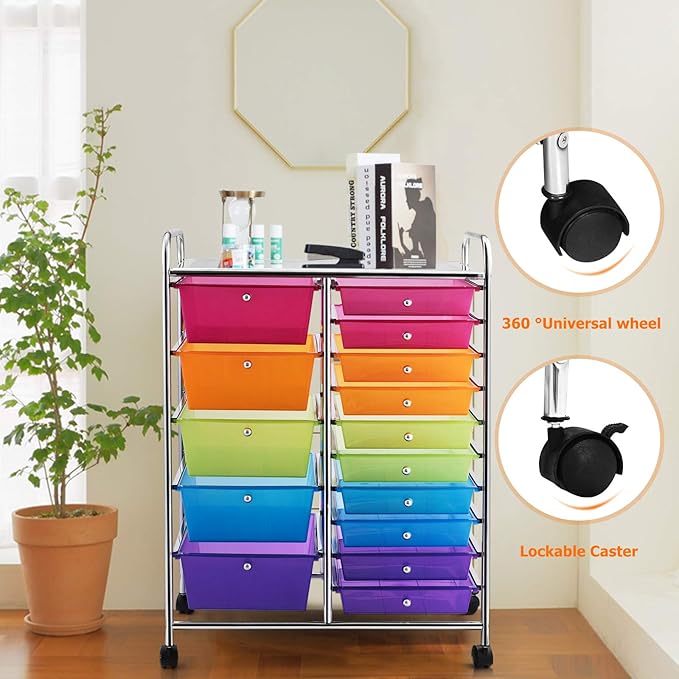 HAPPYGRILL 15-Drawer Rolling Cart, Storage Carts with Removable Drawers & Steel Frame, Utility Cart on Lockable Wheels for Home, School, Office,Colorful