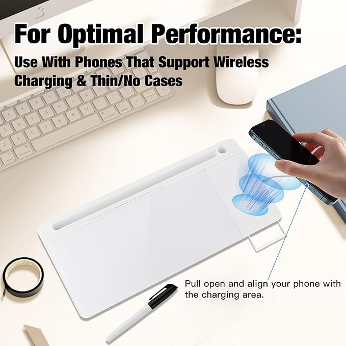 Glass Desktop Whiteboard with Wireless Charger & Storage, Desk Dry Erase Note Memo Board, Compact Desk Organizer for Desk, Office, School Supplies, White, 2026