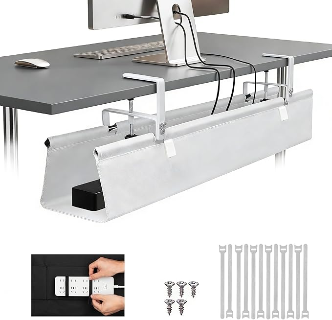 Oxford Cloth Under Desk Cable Management Tray,No-Drill 36" Desk Cable Management Organizer with Clip/Screw Installation,Fabric Cable Management for Home,Office & Gaming Computer(White)
