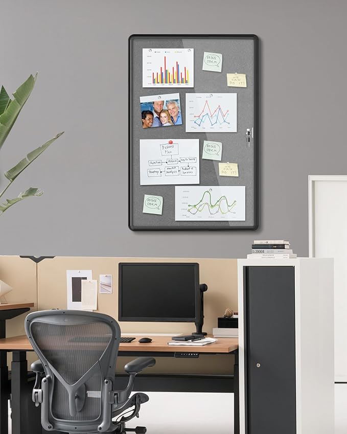 Mifuro 36"x24" Enclosed Bulletin Board, Lockable Weather-Resistant Aluminum Cork Noticeboard for School & Office, Black Frame w/Grey Flet
