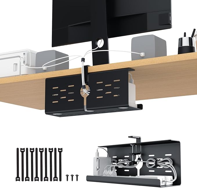 KEEGH 16" Under Desk Cable Management Tray, Desk Cord Organizer Upgrade Capacity, Drill Free Clamp/Screw Mount, Sturdy Metal Tray for Connect Cables, Home, Office, 1 Pack, Black
