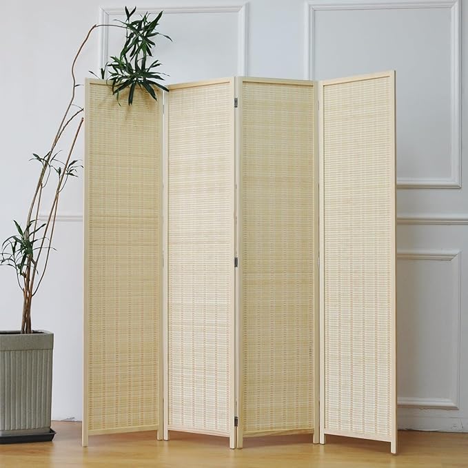 Furnnylane 4 Panel Bamboo Room Divider and Folding Panel Screen,Bamboo Panel Divider for Room Separation,Beige,67" H x 61.4" W