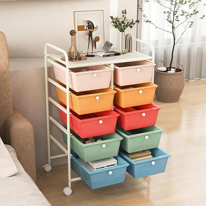 LDAILY 10 Drawer Rolling Cart, Storage Cart Organizer on Wheels, Drawer Cart with Metal Frame & Large Storage Capacity, Rolling Cart with Drawers for Living Room Classroom, Office