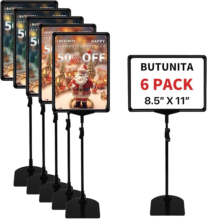 BUTUNITA Adjustable Sign Holder - 8.5 x 11 Inch, Table & Floor Stand, Vertical & Horizontal Display, Black (6Pcs)