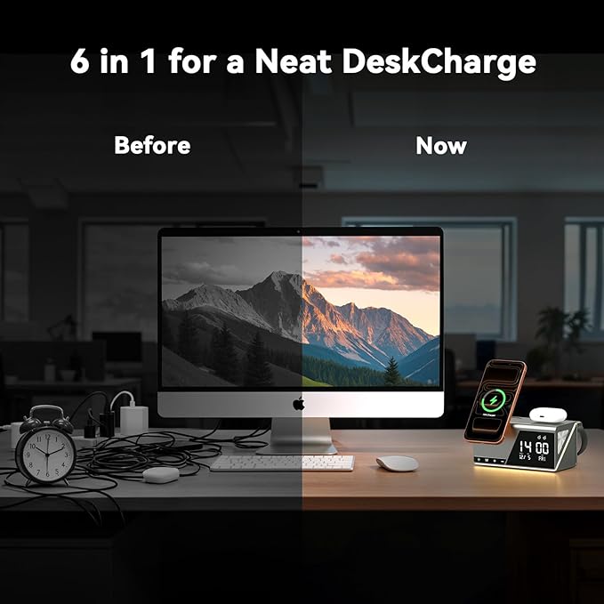 4URPC 6-in-1 Alarm Clock Wireless Charging Station for Apple Multiple Devices,MagSafe Charging Dock for iPhone 17/16/15/14/13 Series, Apple Watch, AirPods,Wireless Charger with Night Light/Alarm Clock