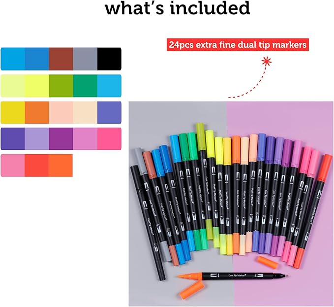Incraftables Dual Tip Markers (24 Colors) – Adult Coloring, Brush Tip & Fine Tip Markers for Adult Coloring Books, No Bleed Dual Brush Pens