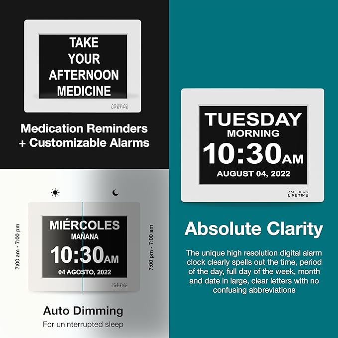 American Lifetime New 2026 Dementia Clock Large Digital Clock for Seniors, Large Display with Custom Alarms, Calendar Clock with Day & Date for Elderly, Clear Numbers Alzheimer Digital Clock White