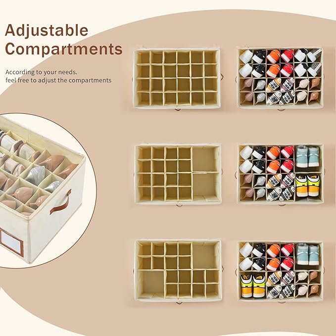 INSTY Shoe Organizer for Closet Fit 24 Pairs, Large Foldable Shoe Storage Containers Box Bin w/Adjustable Dividers and Clear Cover, Space Saving Shoe Storage Organizer Box, Beige