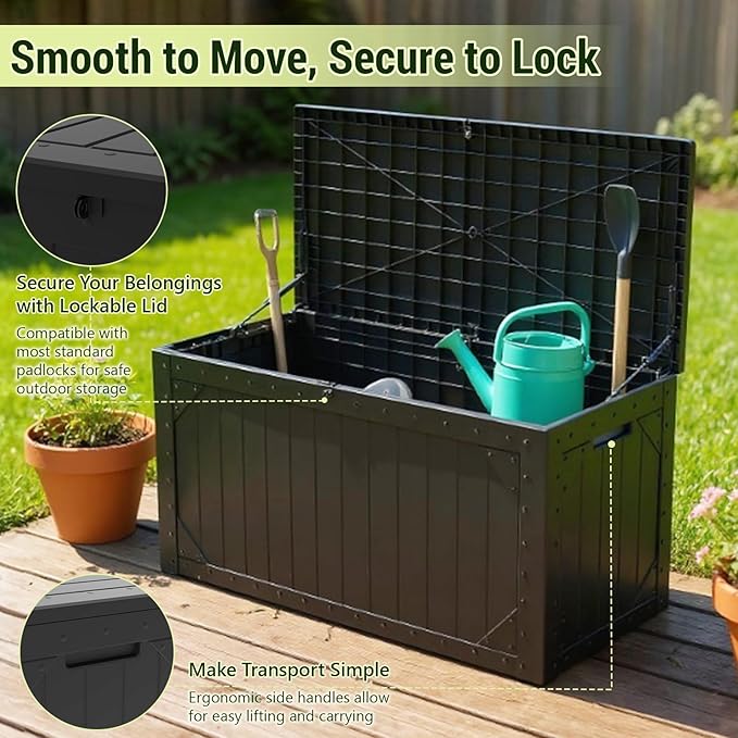 PATIOEASY Outdoor Storage Box 100GAL Waterproof Resin Deck Box,UV-Resistant Lockable Package Delivery Bin for Garden Tools,Large Patio Outside Cushions,Pool Accessories Supplies,Chest,Furniture,Brack