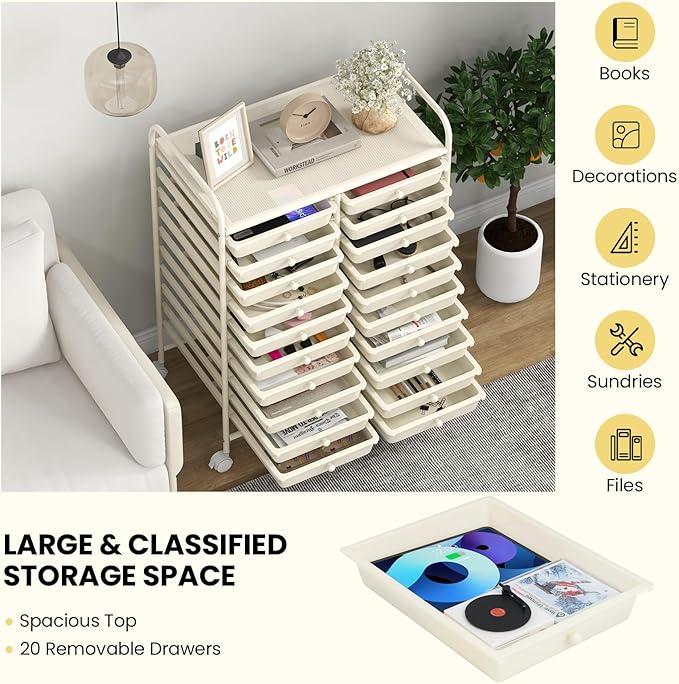 Happygrill 20-Drawer Organizer Cart Tools, Mobile Utility Storage Cart with Removable Drawers & Lockable Wheels, Rolling Storage Cart with wheels for Home Office School (White)
