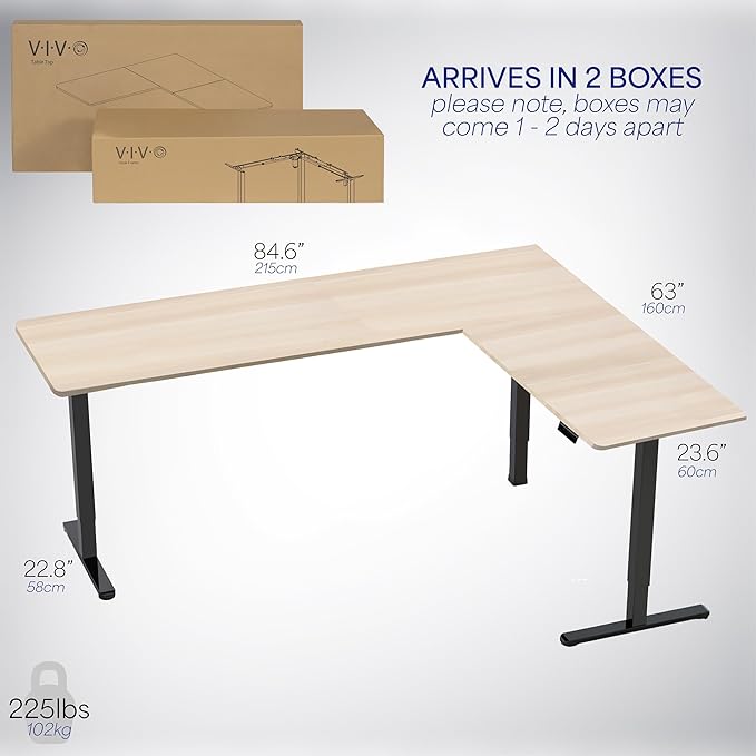 VIVO Electric Corner 84 x 63 inch L-Shaped Standing Desk, Memory Height Adjustment, Light Wood Top Black Frame, DESK-E3CTBC-84