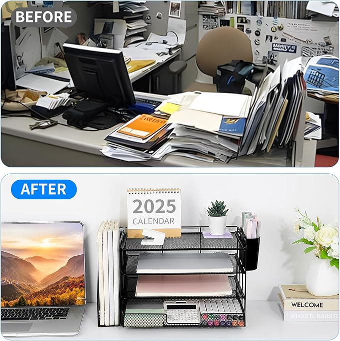 OPNICE Desk Organizer, 4-Tier Desktop File Organizer with Drawer and 2 Pen Holders, Office Desk Accessories, File Sorters, Workspace Organizers for Office Supplies(Black)