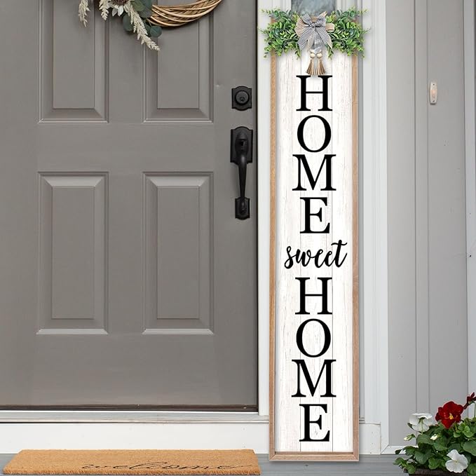 LuZhiQiang Welcome Sign for Front Porch Outdoor Home Sweet Home, 45"X9" For Large Front Door Wreath Standing Wooden Frame Tall Vertical Leaner Long Signs, Rustic Outside Farmhouse Garden Patio Decor (Wood)