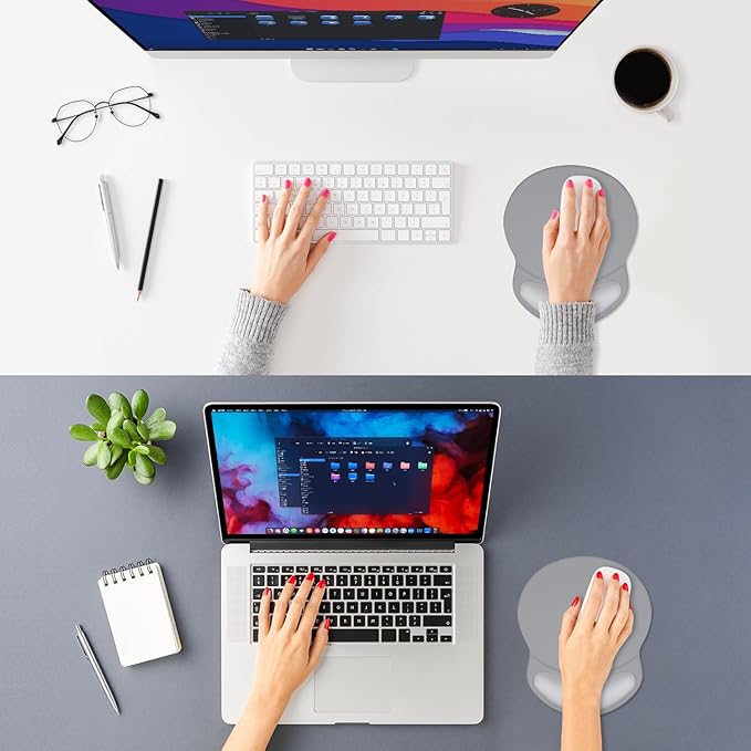 ITNRSIIET Ergonomic Mouse Pad with Comfort Gel Wrist Rest, Non-Slip PU Base, Smooth Textured Surface, Reduces Hand Fatigue & Wrist Pain, 8.7 x 7.2 Inch for Office Gaming Home, Light Gray Accent