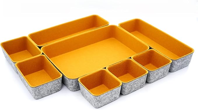 Welaxy Felt Desk Drawer Organizer Trays, 8-Piece Storage Bins for Office Supplies, Entryway Catchall, Makeup & Decluttering (Curry)