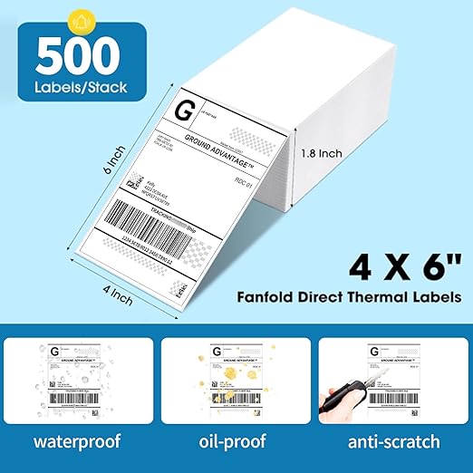 4"×6" Direct Thermal Shipping Label, Fanfold Thermal Label 4000 Packs (500packs Per Stack) Permanent Adhesive, Compatible with Zebra, Rollo, Jadens, Nelko