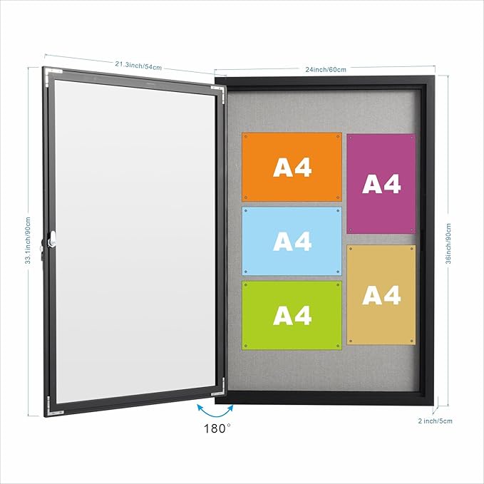 36×24 Inch Lockable Enclosed Bulletin Board, Weather-Resistant Outdoor Noticeboard with Locking Doors, Wall-Mounted Black Aluminum Frame & Grey Felt Presentation Board