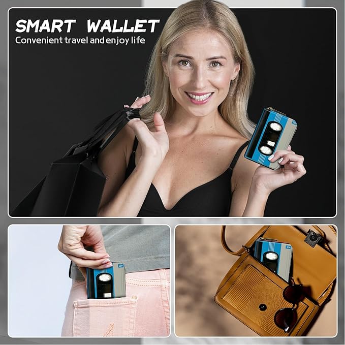 BWEGRHE Cute Credit Card Holder with Zipper, Blue Cassette RFID-Blocking Card Case Small Wallet for Women Men, Multi-slot Card Organizer Case Travel Accordion Wallet
