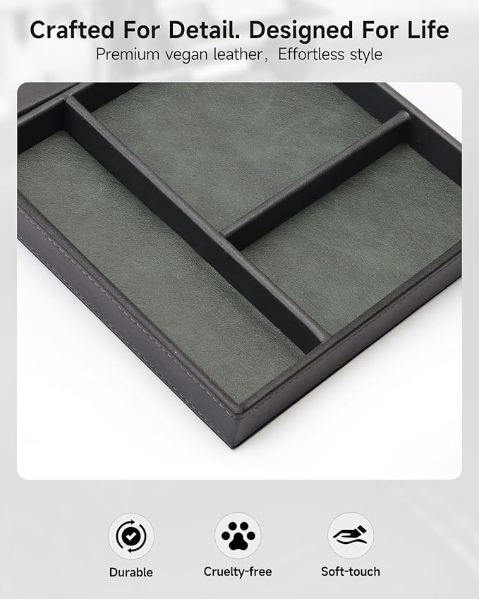 Valet Tray, Built in Wireless Charging Pad, Nightstand Organizer, Two-Toned Premium Vegan Leather Desk Bedside Caddy Organizer Tray for Keys, Watch, Wallet, Jewelry (Black+Green)