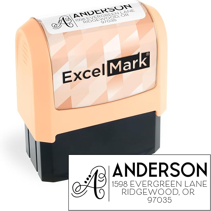 ExcelMark Address Stamp - Custom Return Address Stamp with Elegant Designs, Vibrant Colors & Patterns – Perfect for Mail, Invitations & Gifts (Peach Mount, Script Swirl)