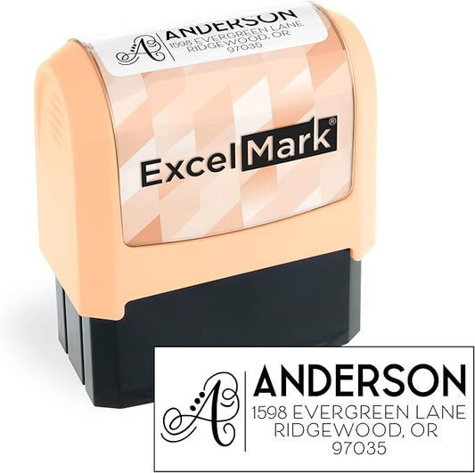 ExcelMark Address Stamp - Custom Return Address Stamp with Elegant Designs, Vibrant Colors & Patterns – Perfect for Mail, Invitations & Gifts (Peach Mount, Script Swirl)