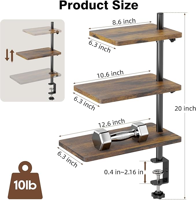 ART-GIFTREE 3 Tiers Clamp On Desk Shelf, 360¡ã Angle Adjustable Desktop Shelf Organizer for Home Office Gaming Room, No Drill Desk Extender Adapt to 0.4-2.16 inches Table Thick, Black Brown