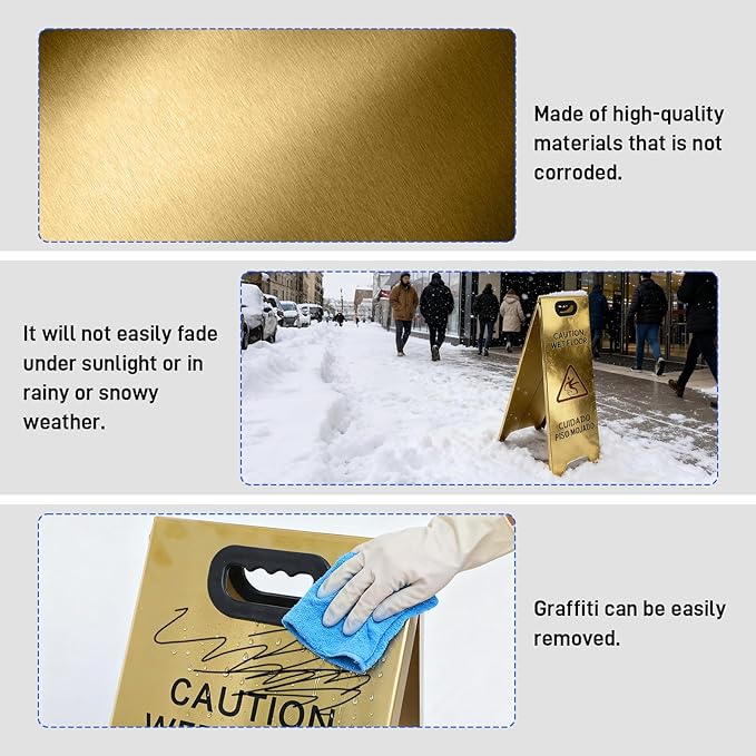 Kerty 4 Pack Stainless Steel Wet Floor Sign, 24 Inch Caution Wet Floor Sign Portable Foldable Bilingual Safety Warning for Hotel Market Restroom Restaurant Office (Gold)