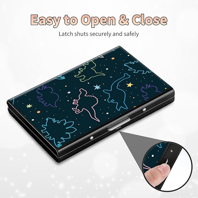 BWEGRHE Slim Credit Card Holder, Fun Dinosaurs RFID Blocking Metal Wallet for Men & Women, Aluminum Minimalist Hard Case Pocket-Sized Business Cards Organizer (Fits Up to 10 Cards)