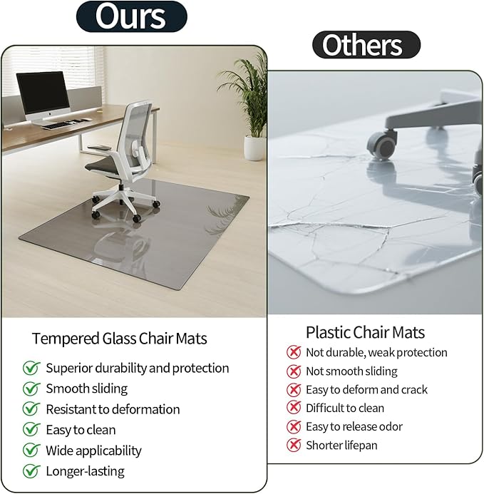 Koonmi Tempered Glass Chair Mat for Hardwood Floors & Carpets, 30" x 48“ Grey Heavy Duty Office Floor Protector, Scratch & Dust Concealing, Noise-Free for Home Office Desk