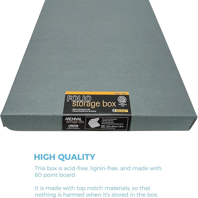 Lineco Folio Storage Box, Clamshell Design with Metal Edge. 18.5x24.5x1.75 Inches, Archival Boxboard, Preserve Photos, Cards, Magazines, Documents, Art, Ephemera, Family Records, Gray, Pack of 2