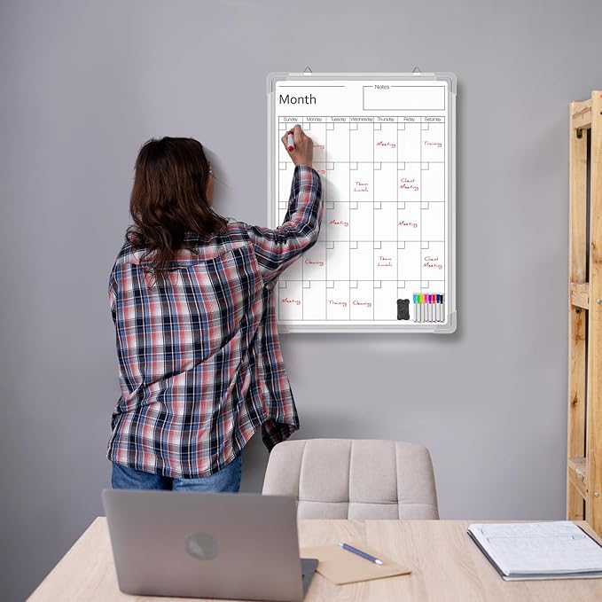 Lincia 24" x 18" Magnetic Vertical Monthly Dry Erase Calendar for Wall Undated Horizontal Dry Erase Calendar Planner Aluminum Frame Whiteboard for Home Office Projects Wall Fridge