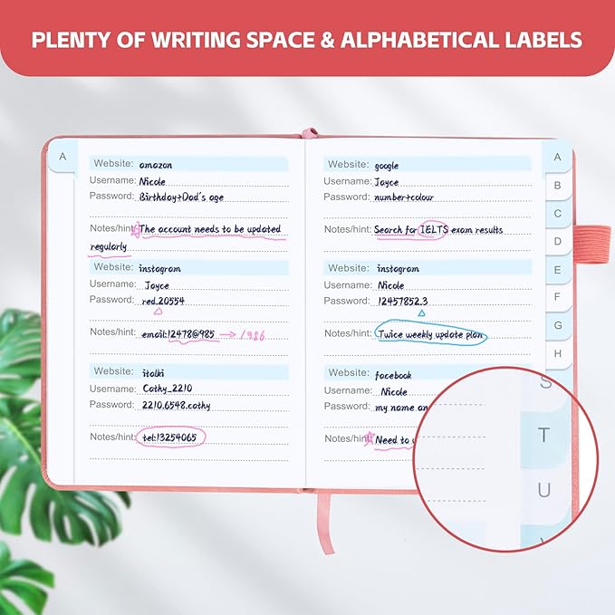 Password Keeper Book with Alphabetical Tabs，4.3"x5.7" Small Password Books for Seniors Password Notebook for Internet Website Address Log in Detail (Pink)