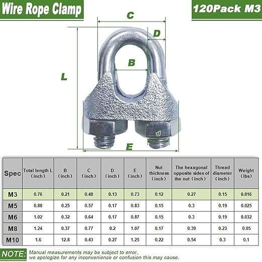 120 PCS 1/8 Inch Wire Rope Clamps, M3 Heavy Duty Galvanized Wire Cable Clamps for Tent Ropes, Boat, Clotheslines, U-Bolt Saddle Fasteners for Secure Connections