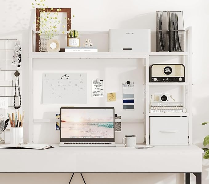 Desk Shelf with Drawer, 41.3" Desktop Organizer Shelf, Desk Hutch for Computer Monitor Max 32", 3 Tier Desktop Display Rack, Wooden Desk Top Bookshelf Storage Rack for Home Office Dorm, White