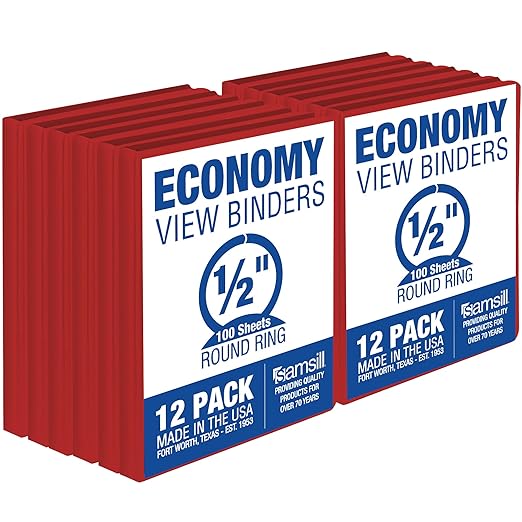 Samsill 0.5 Inch 3 Ring Binders, Made in USA, Economy Round Ring, Clear View Cover, 100 Sheet Capacity - for School, Home, Office - Red, 12 Pack