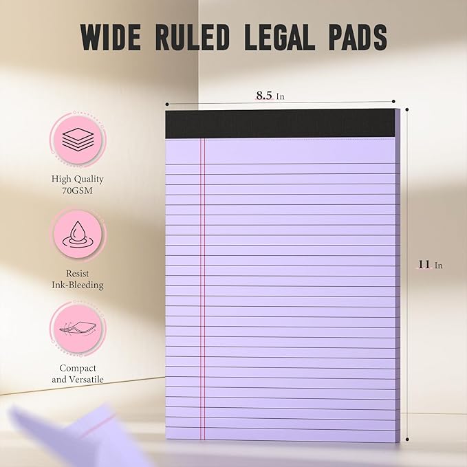 Colored Legal Pads, 3 Pack Writing Pads 8.5 x 11, Wide Ruled Legal Notepads, Lined Pads of Paper 8.5 x 11, Blue/Purple/Green Note Pads, 30 Sheets Per Legal Pads for School, College, Office, Home