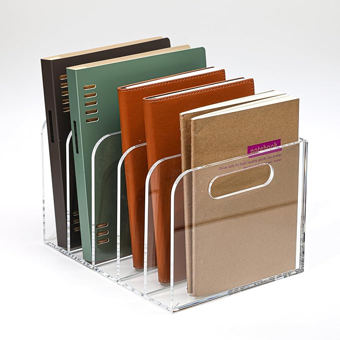 AIDIMOO Acrylic Magazine File Holder, 5 Vertical Compartments Desk Document Sorter Organizer, Clear Folder Rack Binder for Office/Documents/Classroom, for Home, Tablet, Magazines, Books & Accessories