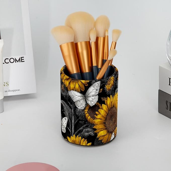 Leather Pen Holder for Desk Sunflower Butterfly Pencil Cup Desktop Organizer Makeup Brush Holders Office Supplies for Home, Kids & School