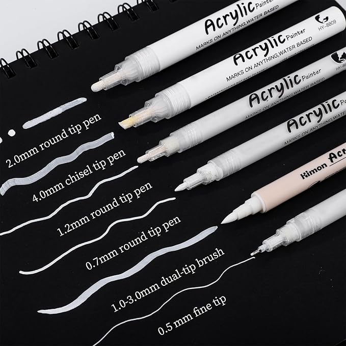 Thboxes White Pens Set, 6 Pcs Acrylic Paint Pens Dual-Tip Marker Fineliner Brush Pen Quick-Drying Waterproof White Ink Pen for Black Paper Drawing Sketching Clothes Wood Glass Ceramic Stone